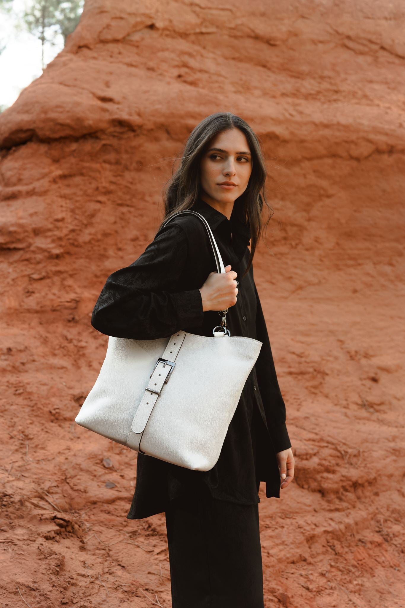Grand sac cabas en cuir blanc - Billy - blanc grainé