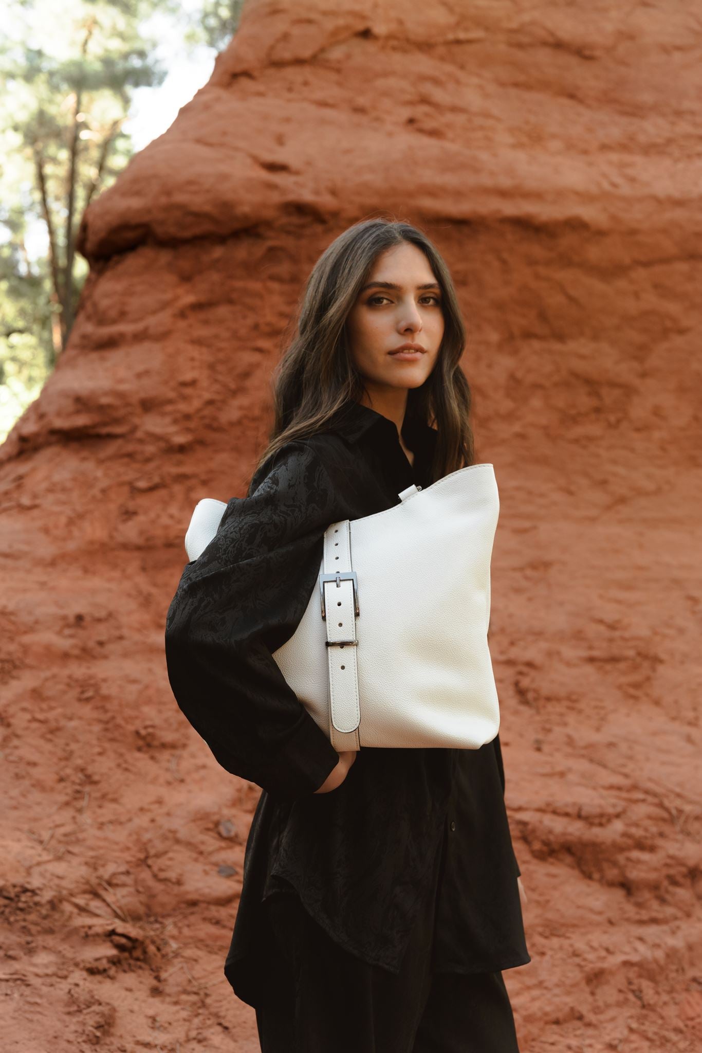 Grand sac cabas en cuir blanc - Billy - blanc grainé
