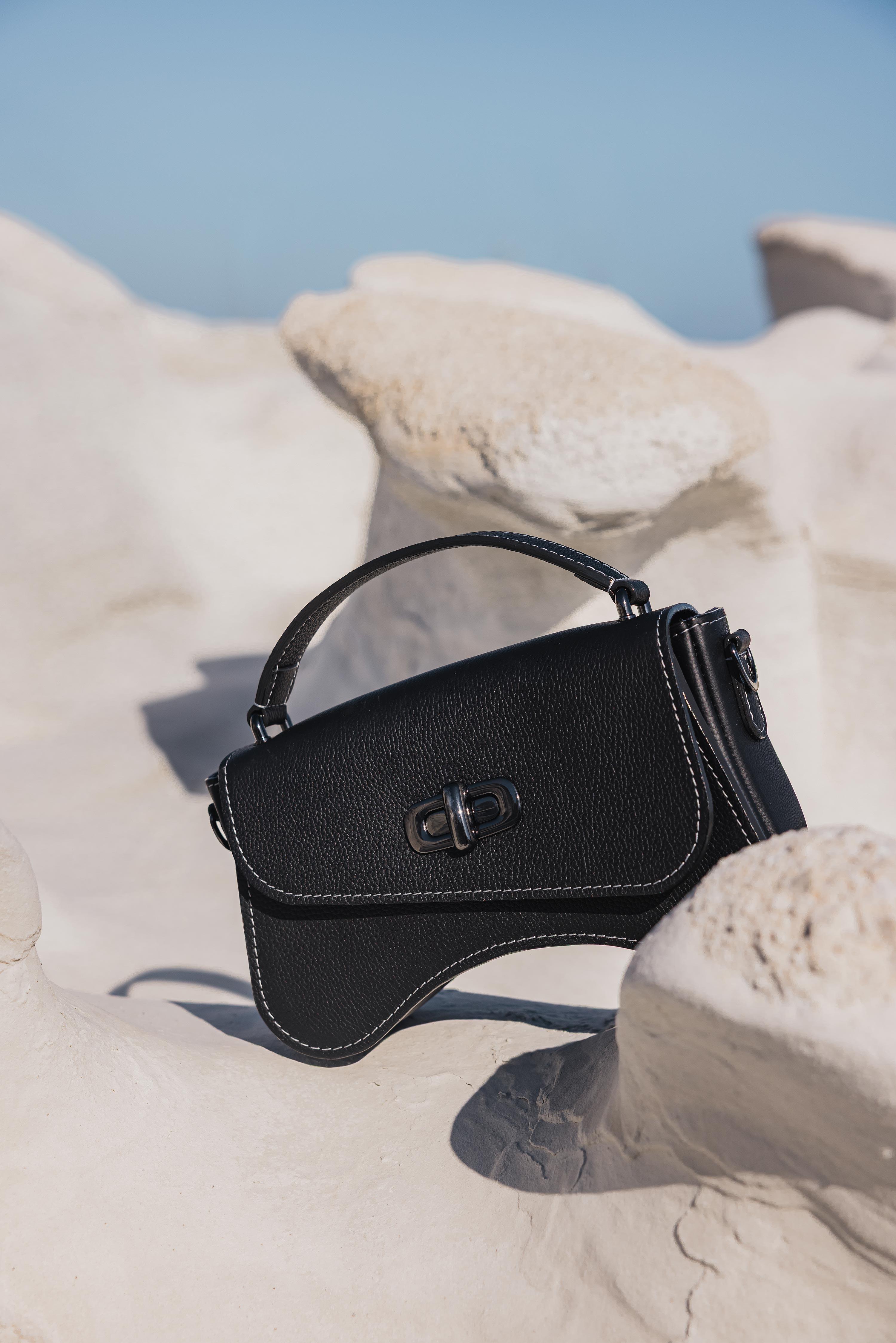 sac baguette cuir noir grainé
