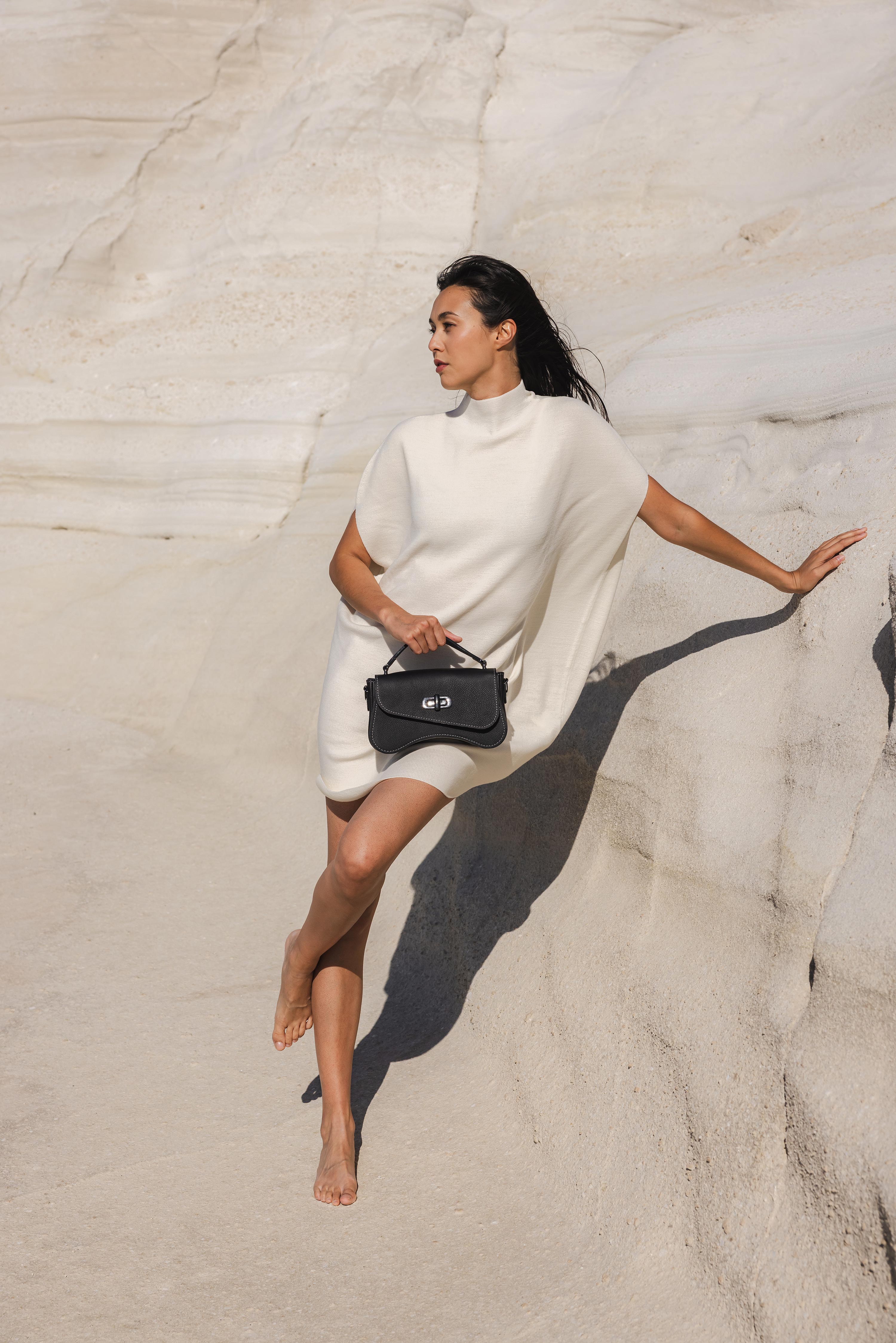 sac baguette cuir noir grainé